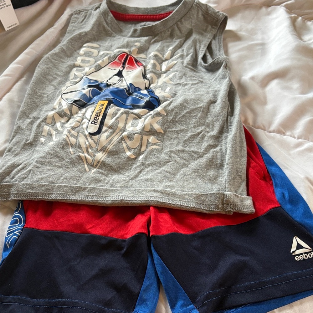 Reebok Grey Tank Top with Red, Navy & Royal Blue Shorts